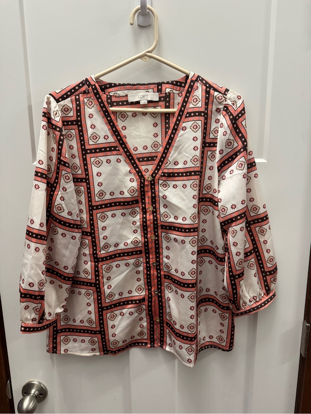 LOFT White Blouse with Pink and Black Geometric Border Print